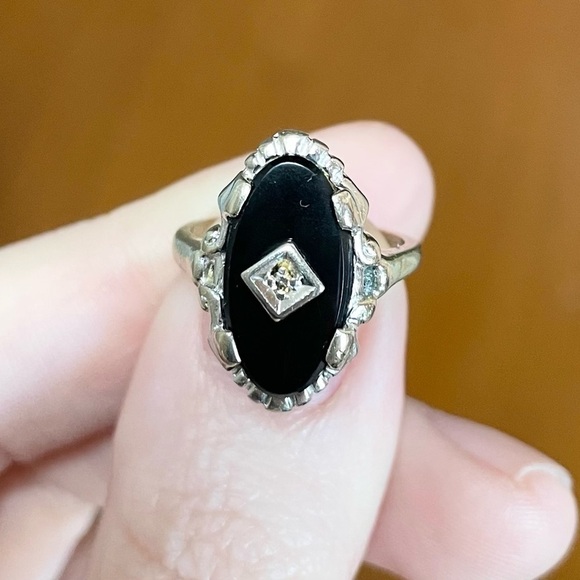 14k onyx art deco style black Cabochon white gold vintage size 4 ring - Picture 6 of 9